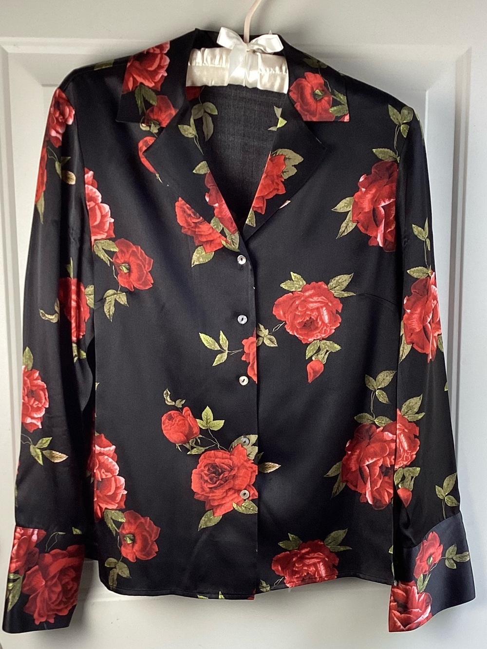 Kate Hill Black Blouse with Red Rose Print 100% Silk
